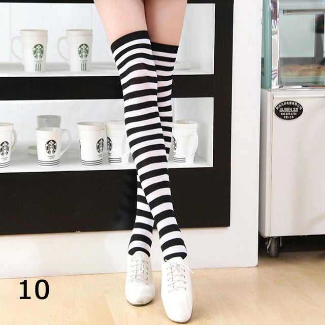 Long Stripe Printed Thigh High Cotton Socks