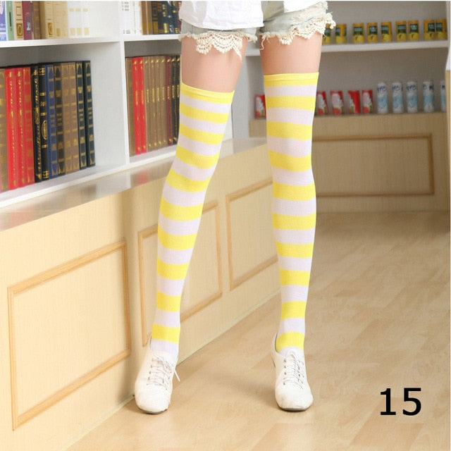 Long Stripe Printed Thigh High Cotton Socks