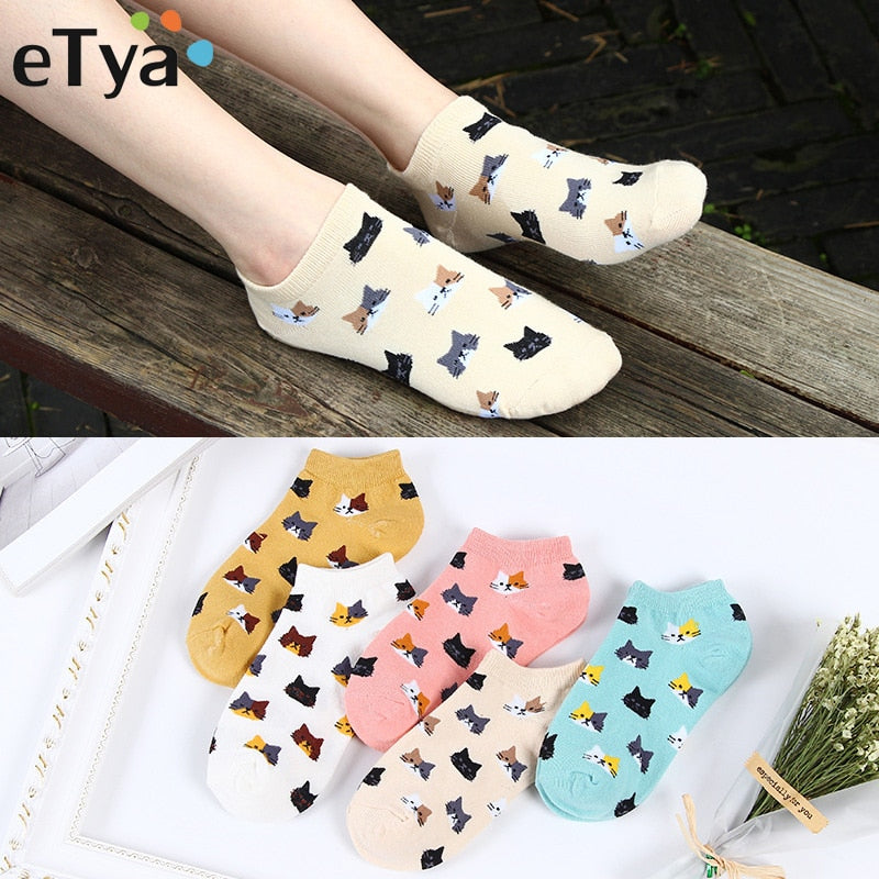 eTya Women New Cotton Socks Spring Summer Fashion Cartoon Pattern Ladies Simple Sock Slippers Cute Cat Short Socks Wholesale