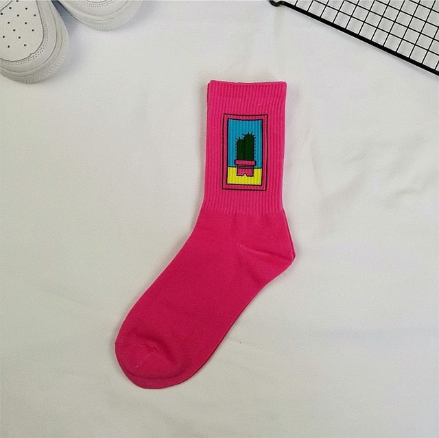 Korean style fashion fun hip hop skateboard socks street style cartoon banana cactus moon flame socks unisex happy long socks