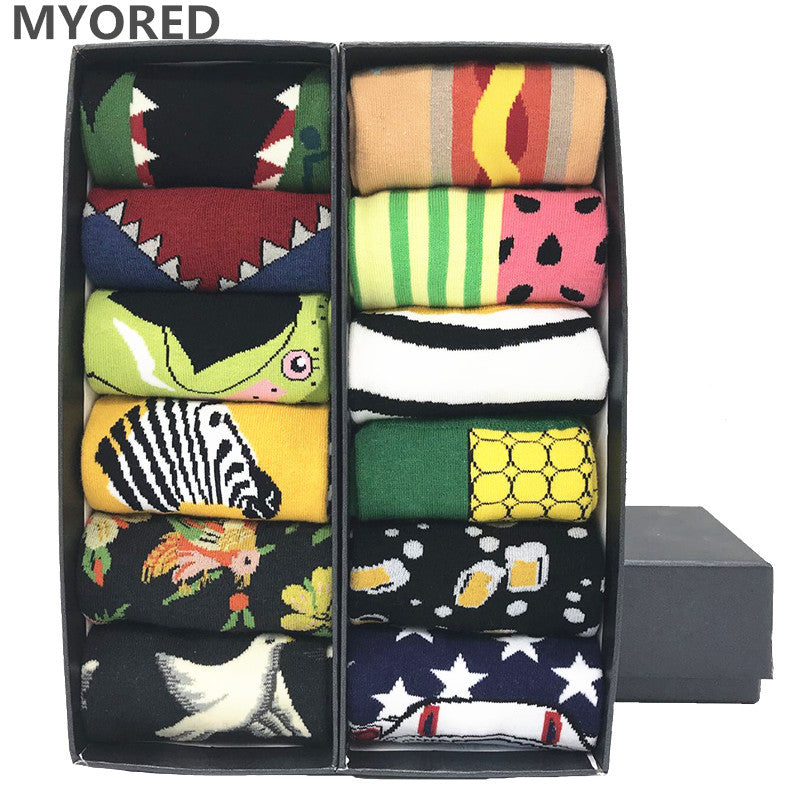 MYORED 12 pairs/Lot  mens party colorful bright socks cartoon animal socks for male female Novelty Dot cotton Funny socks NO BOX