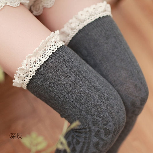 Lace Patchwork Women's Cotton Thigh High Socks
