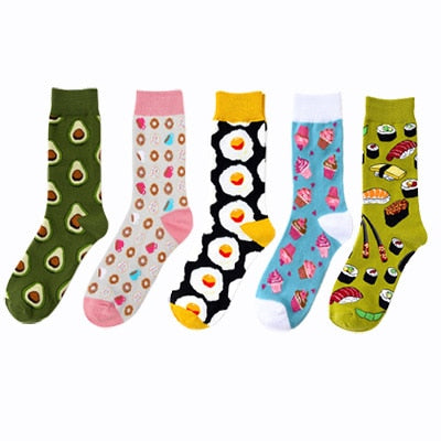 Women's Cotton Funny Art Socks With Print Cute Spring Autumn Happy Socks With Avocado Sushi Harajuku Fashion Socks 5Pairs/Lot