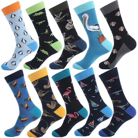 VPM Big Size Cotton Men's Socks Funny Animal Dog Elephant Monkey Sloth Bear Penguin Knee High Long Cool Skate Sock for Men