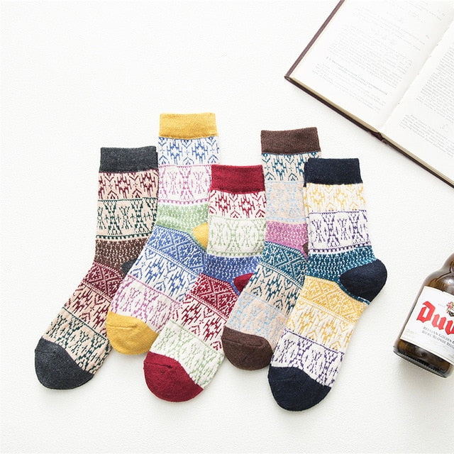 5Pairs/lot New Witner Thick Warm Wool Women Socks Vintage Christmas Socks Colorful Socks Gift Free size YM7020