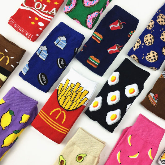 Women Socks Funny Cute Cartoon Fruits Banana Avocado Lemon Egg Cookie Donuts Food Happy colorful novelty skateboard Socks