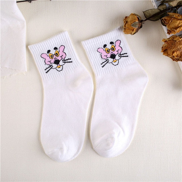 Japanese Kawaii Women Animals Cartoon Tube Socks Cute Egg Rabbit Panther Cotton Long Socks Female and Ladies Pink Milk White Sox