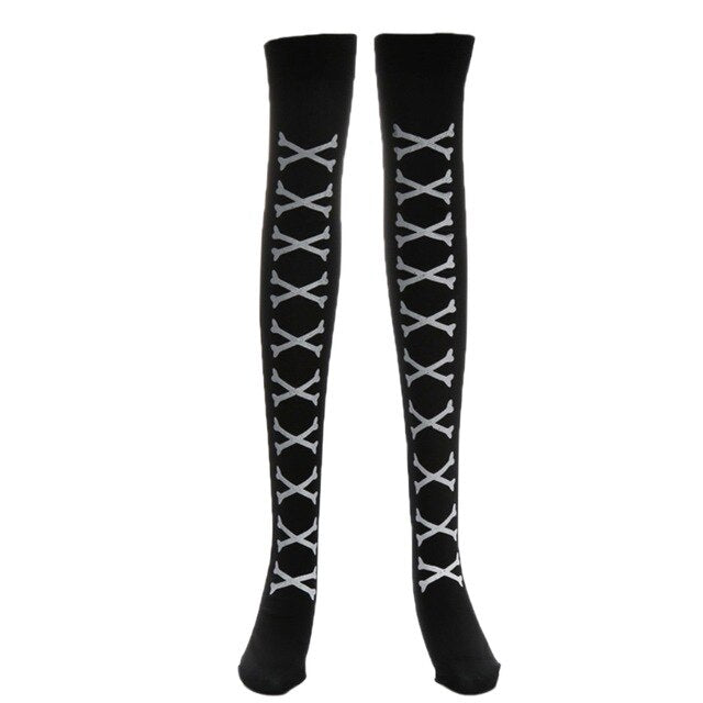 Halloween Skeleton Long Knee High Socks Costume Masquerade Carnival Cosplay Soft